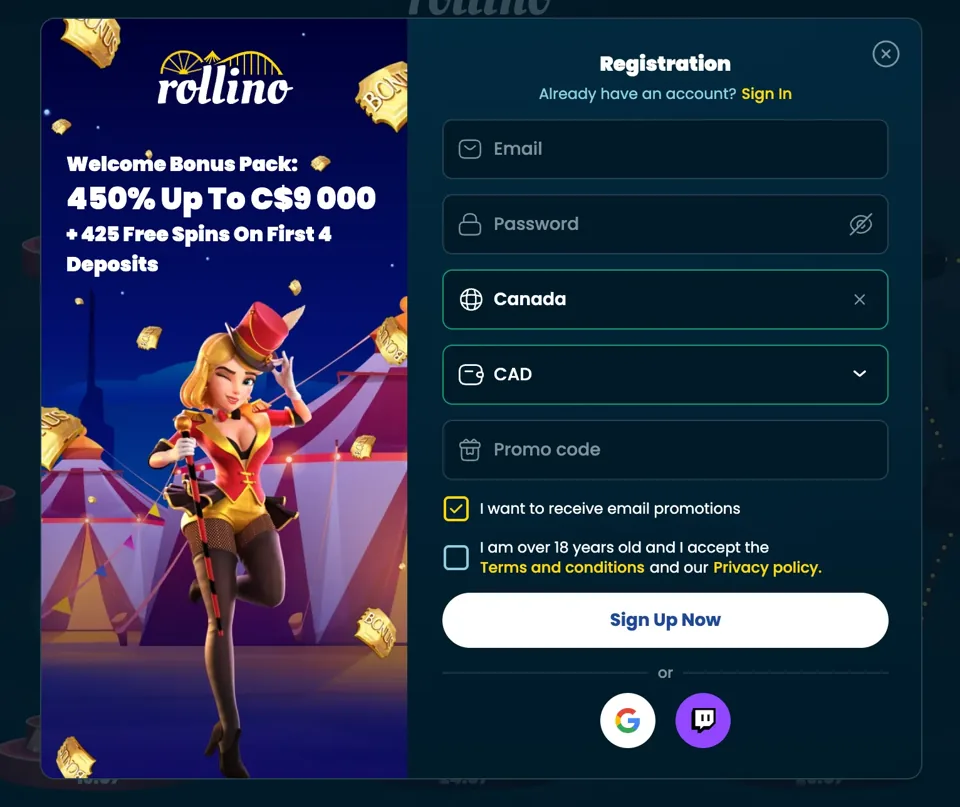 The Rollino sign-up form